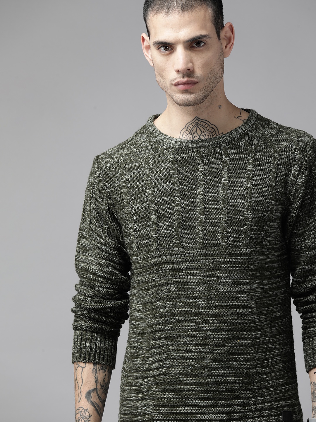 

The Roadster Lifestyle Co. Men Olive Green Cable Knit Acrylic Pullover