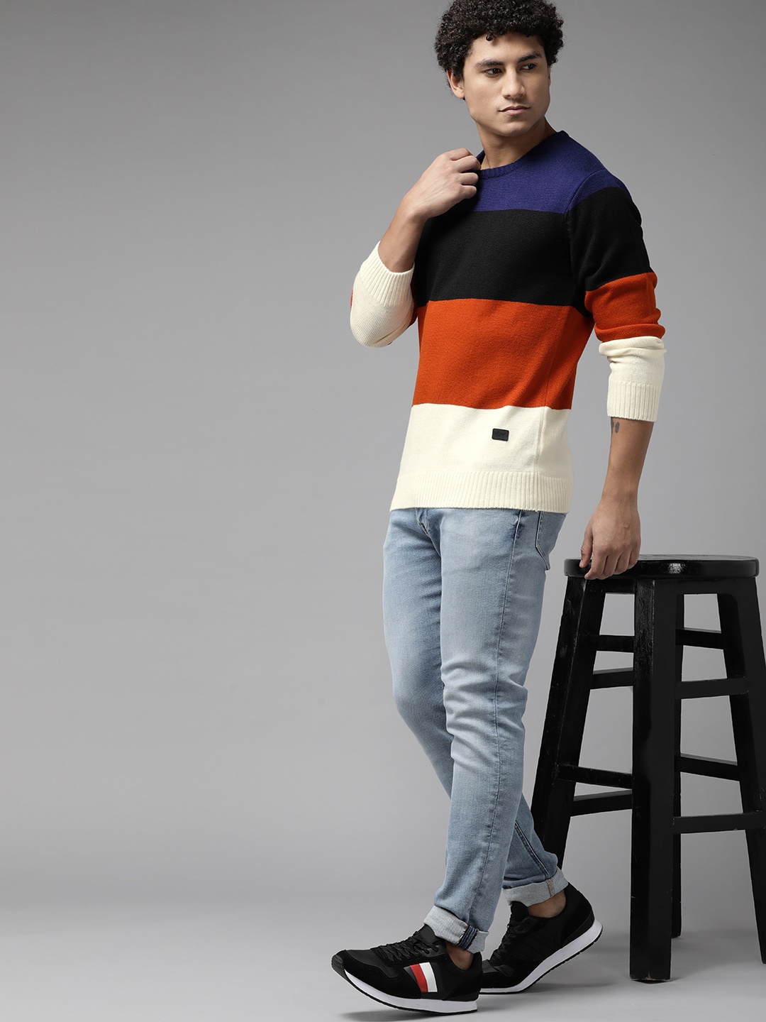

The Roadster Lifestyle Co. Men Black & Red Striped Acrylic Pullover