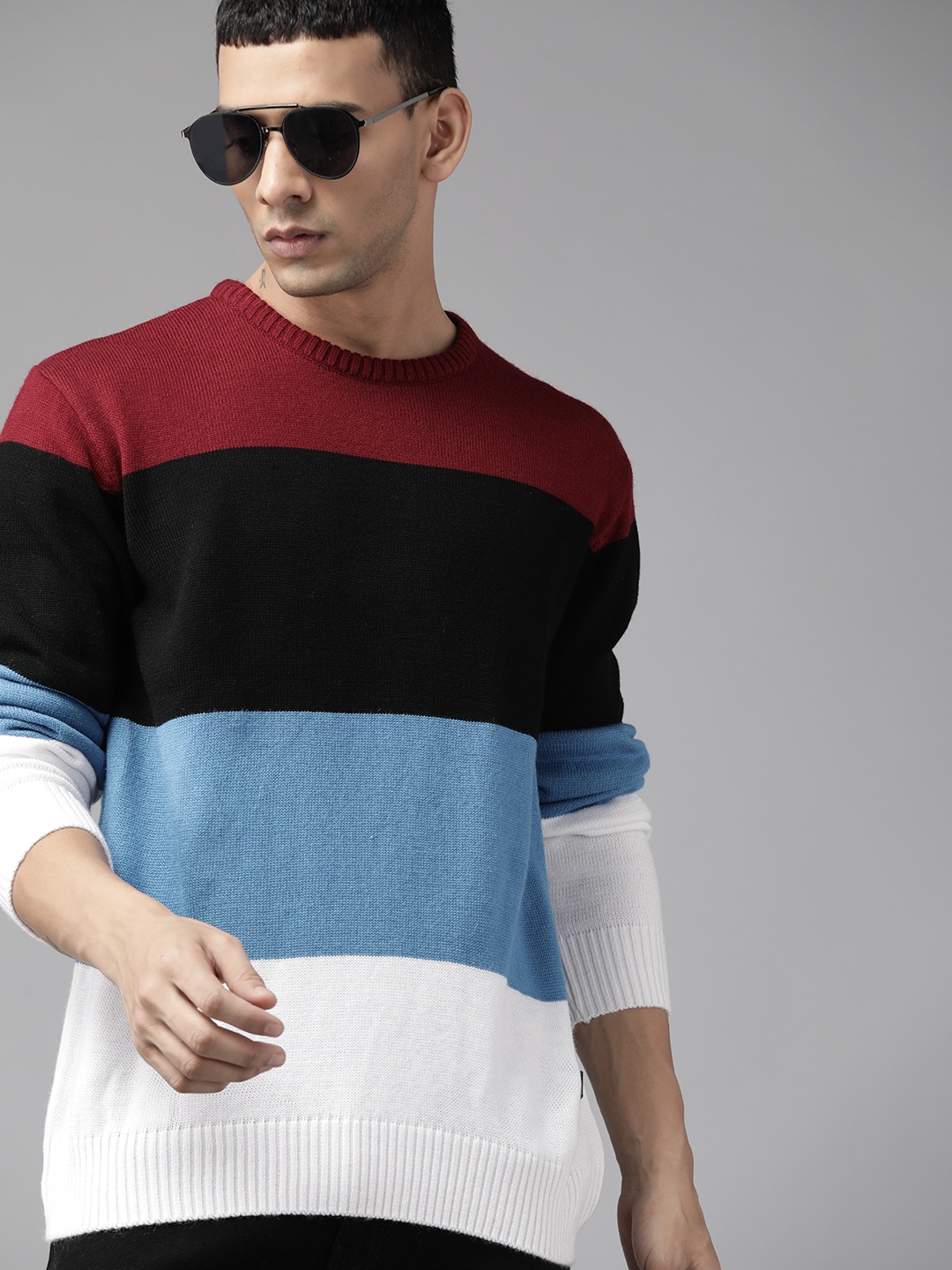 

The Roadster Lifestyle Co. Men Maroon & Blue Acrylic Colourblocked Pullover