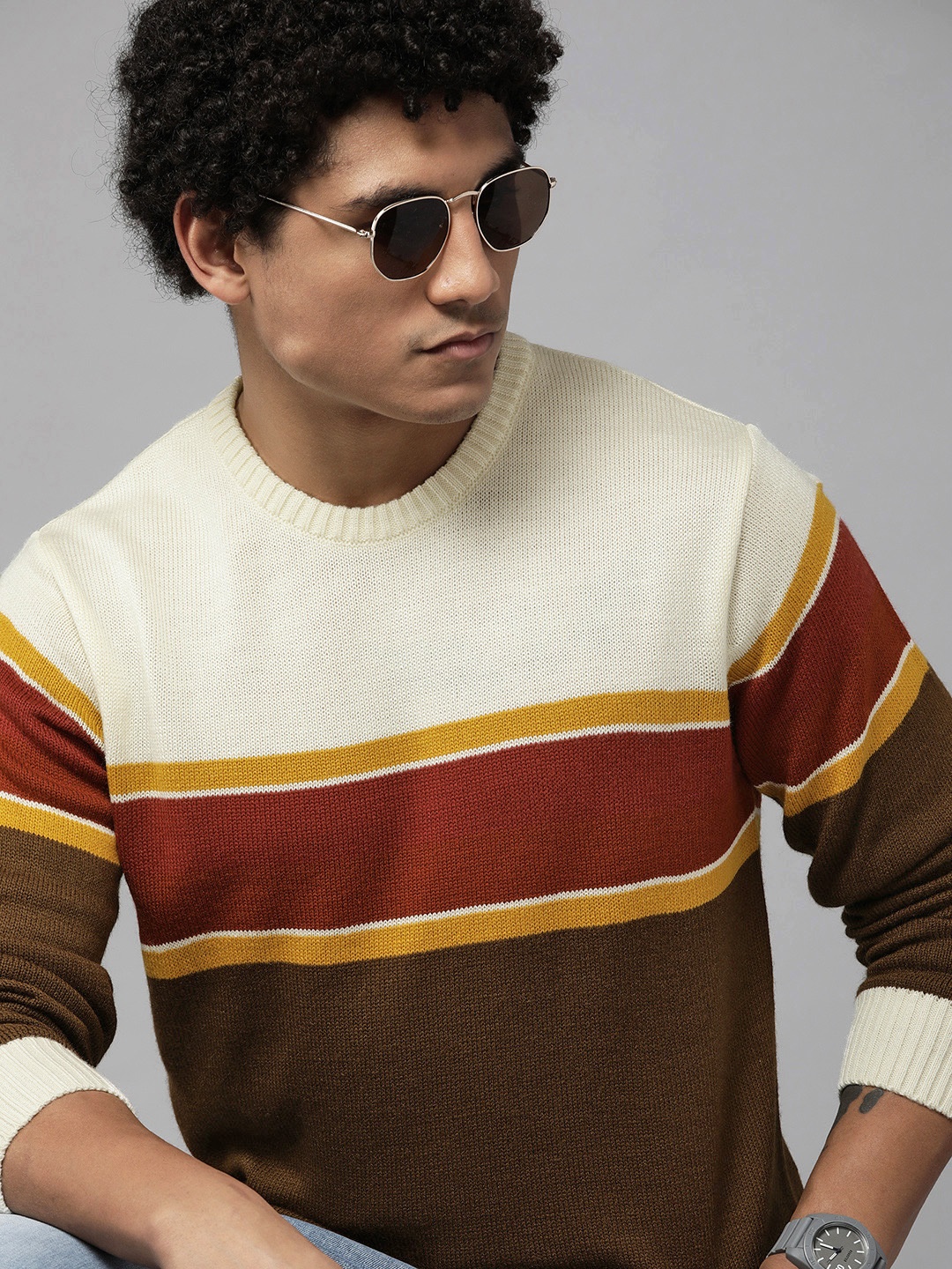 

The Roadster Lifestyle Co. Men Off White & Brown Striped Acrylic Pullover