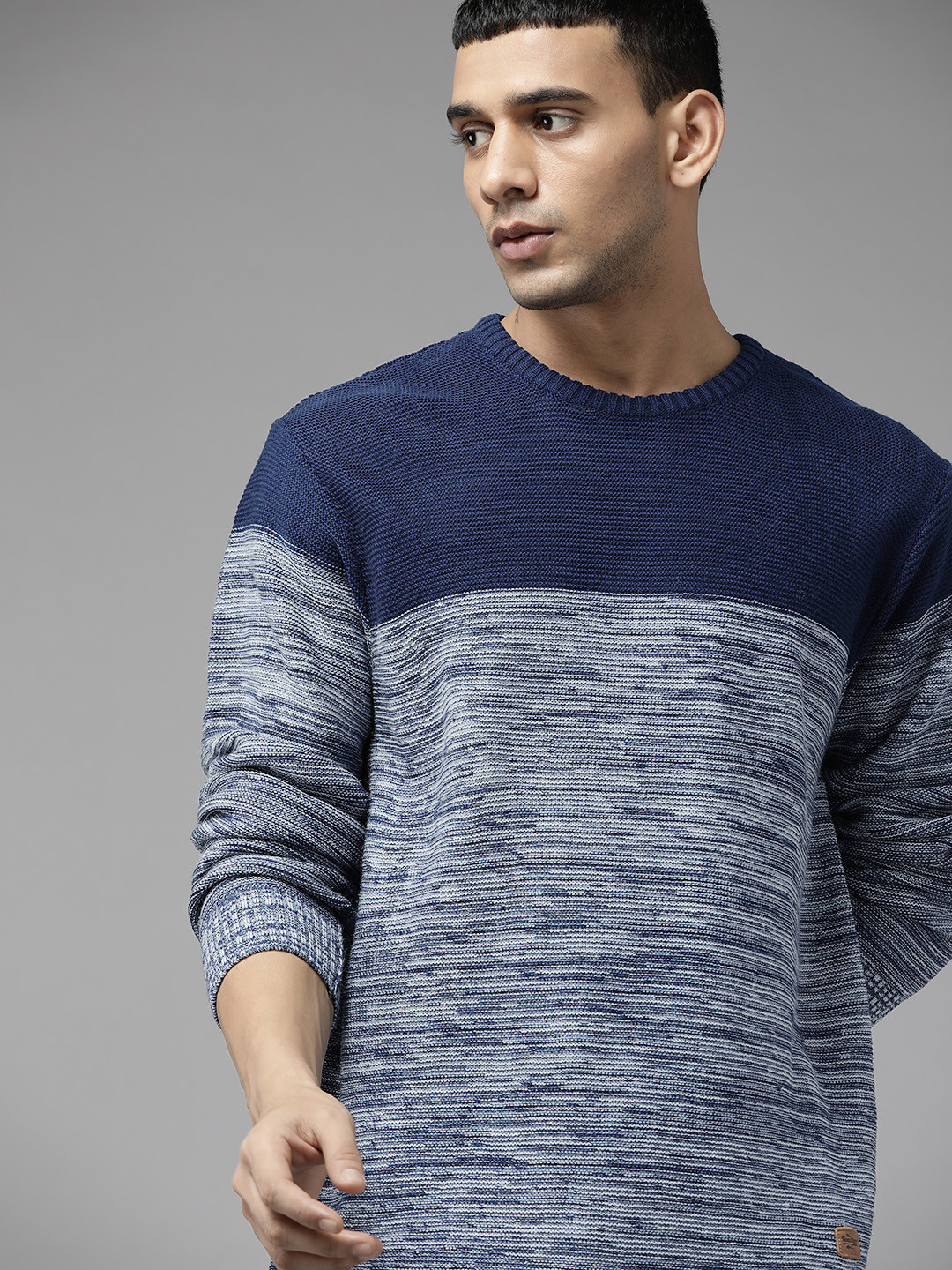 

The Roadster Lifestyle Co. Men Navy Blue Striped Acrylic Pullover