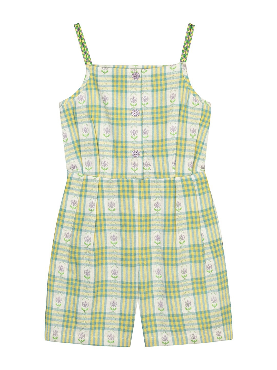 

Budding Bees Girls Green & Yellow Checked Playsuit
