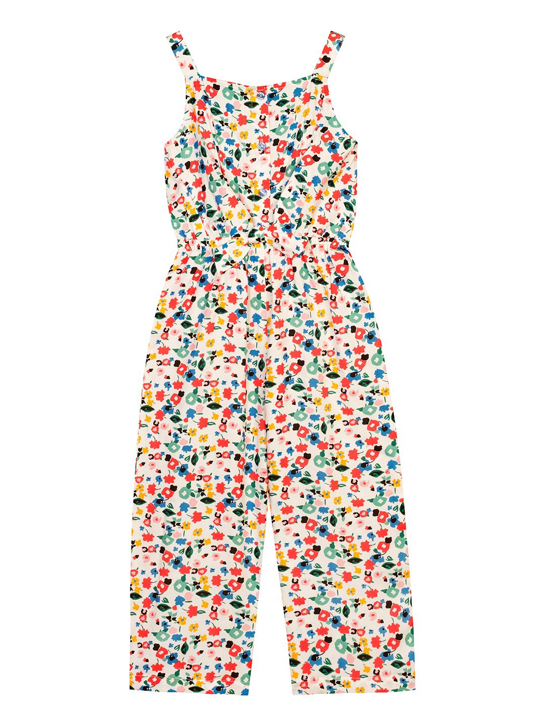

Budding Bees Girls White & Blue Printed Shoulder Strap Jumpsuit
