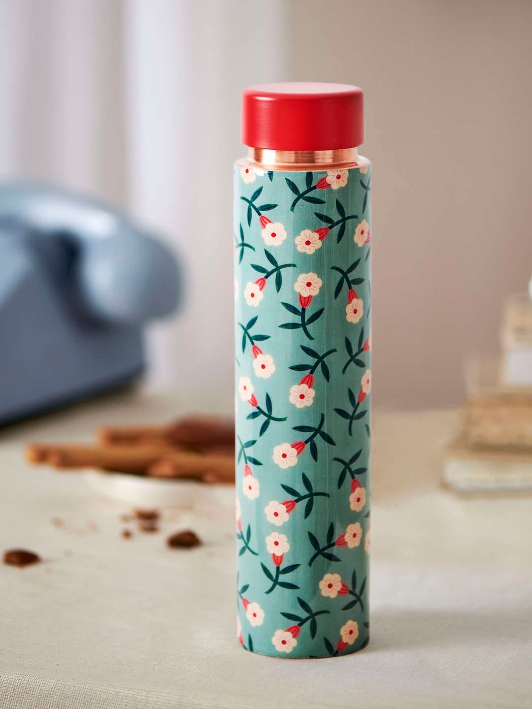

Chumbak Teal Blue & Green Printed Lazy Daisy Copper Bottle