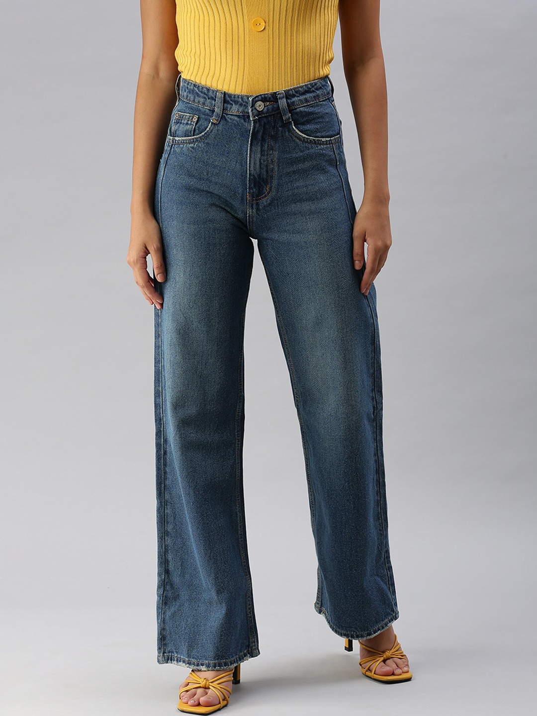 

SHOWOFF Women Blue Wide Leg High-Rise Low Distress Light Fade Jeans