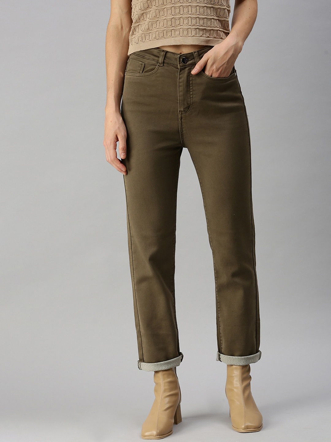 

SHOWOFF Women Khaki Straight Fit High-Rise Jeans
