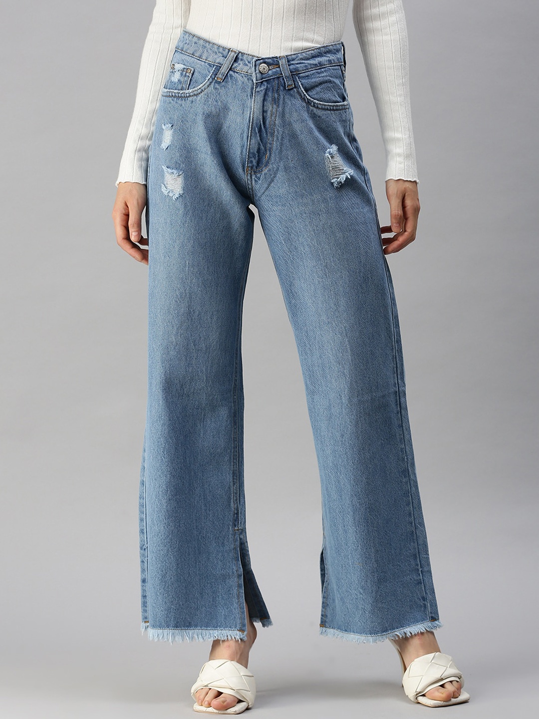 

SHOWOFF Women Blue Wide Leg High-Rise Mildly Distressed Heavy Fade Jeans