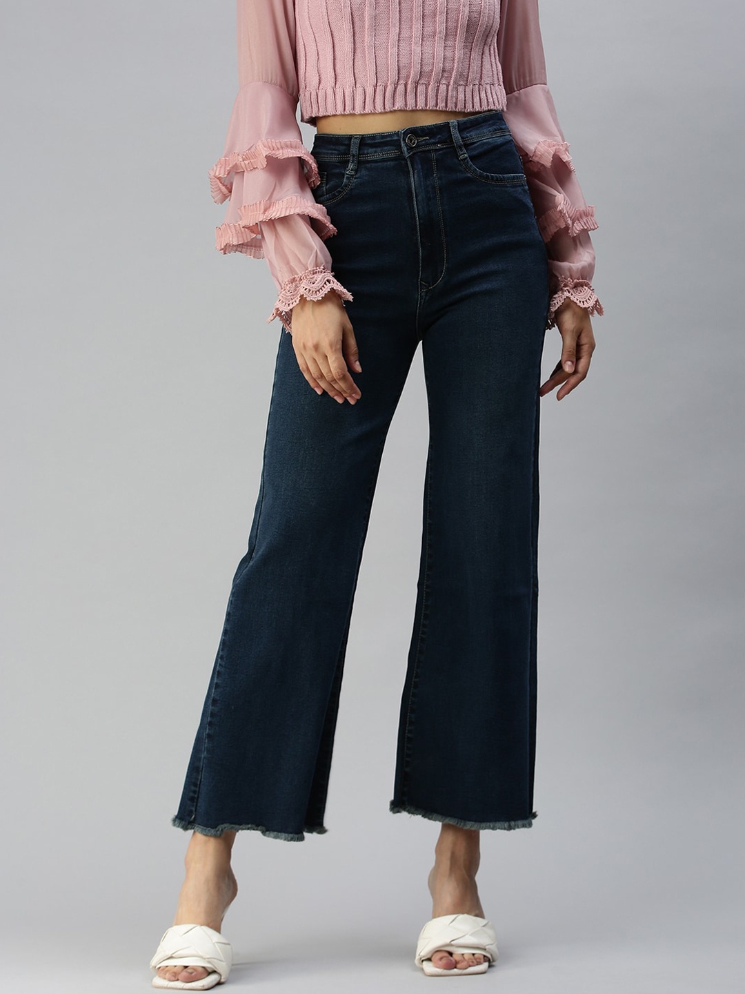 

SHOWOFF Women Navy Blue Wide Leg High-Rise Light Fade Stretchable Jeans