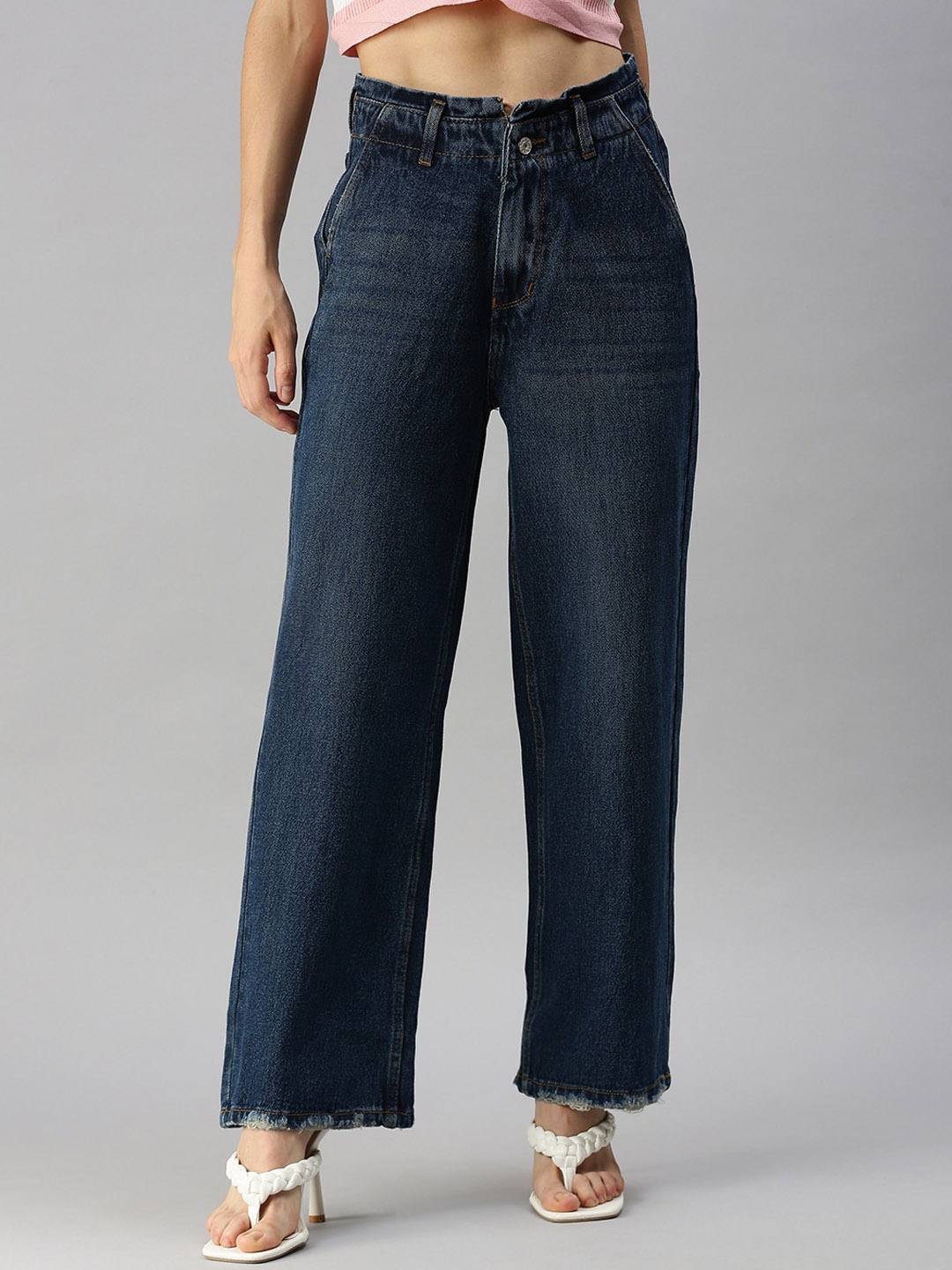 

SHOWOFF Women Blue Wide Leg High-Rise Low Distress Light Fade Jeans