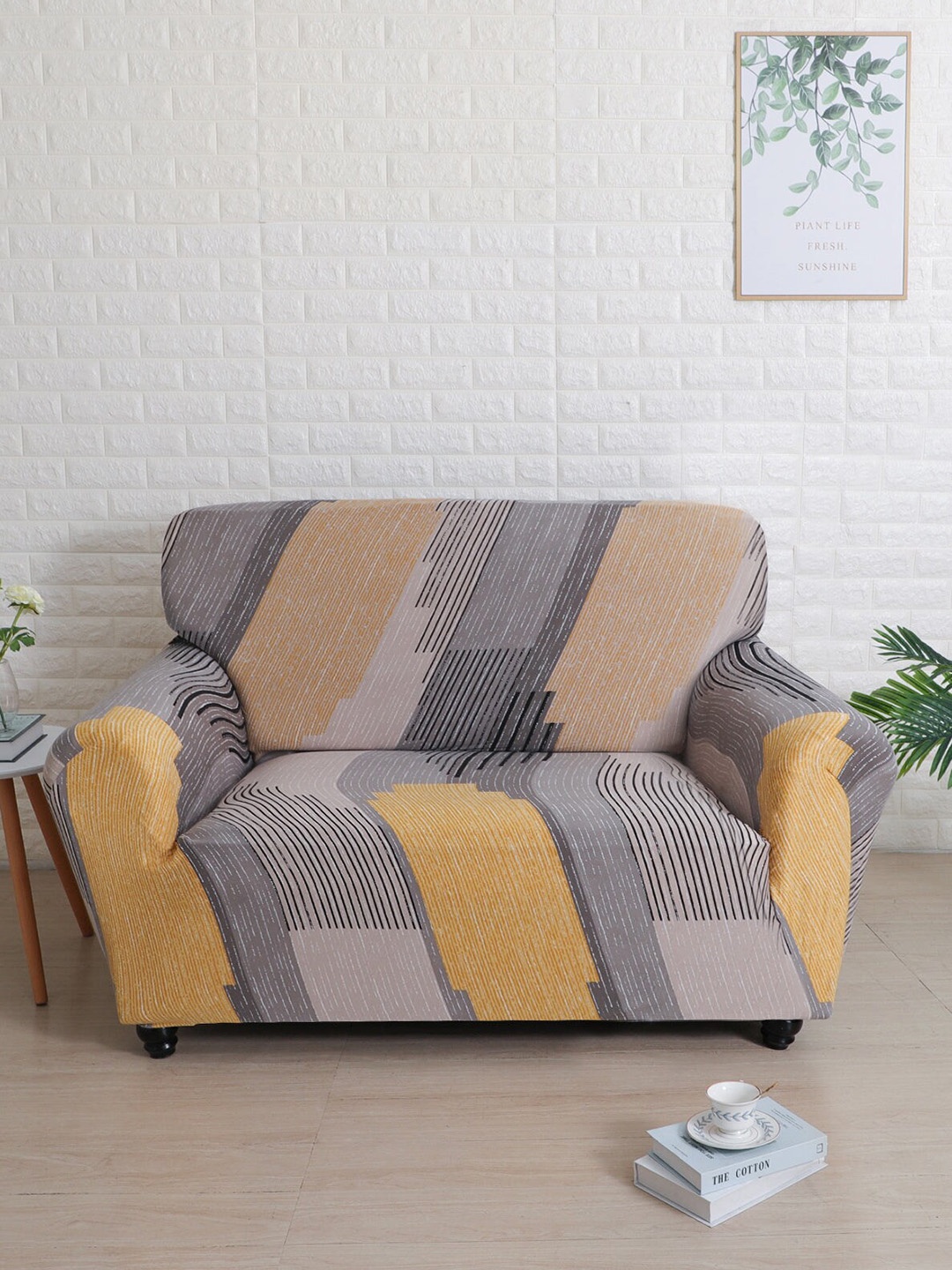 

Athome by Nilkamal Mustard Yellow & Grey Abstract Printed 2 Seater Sofa Covers