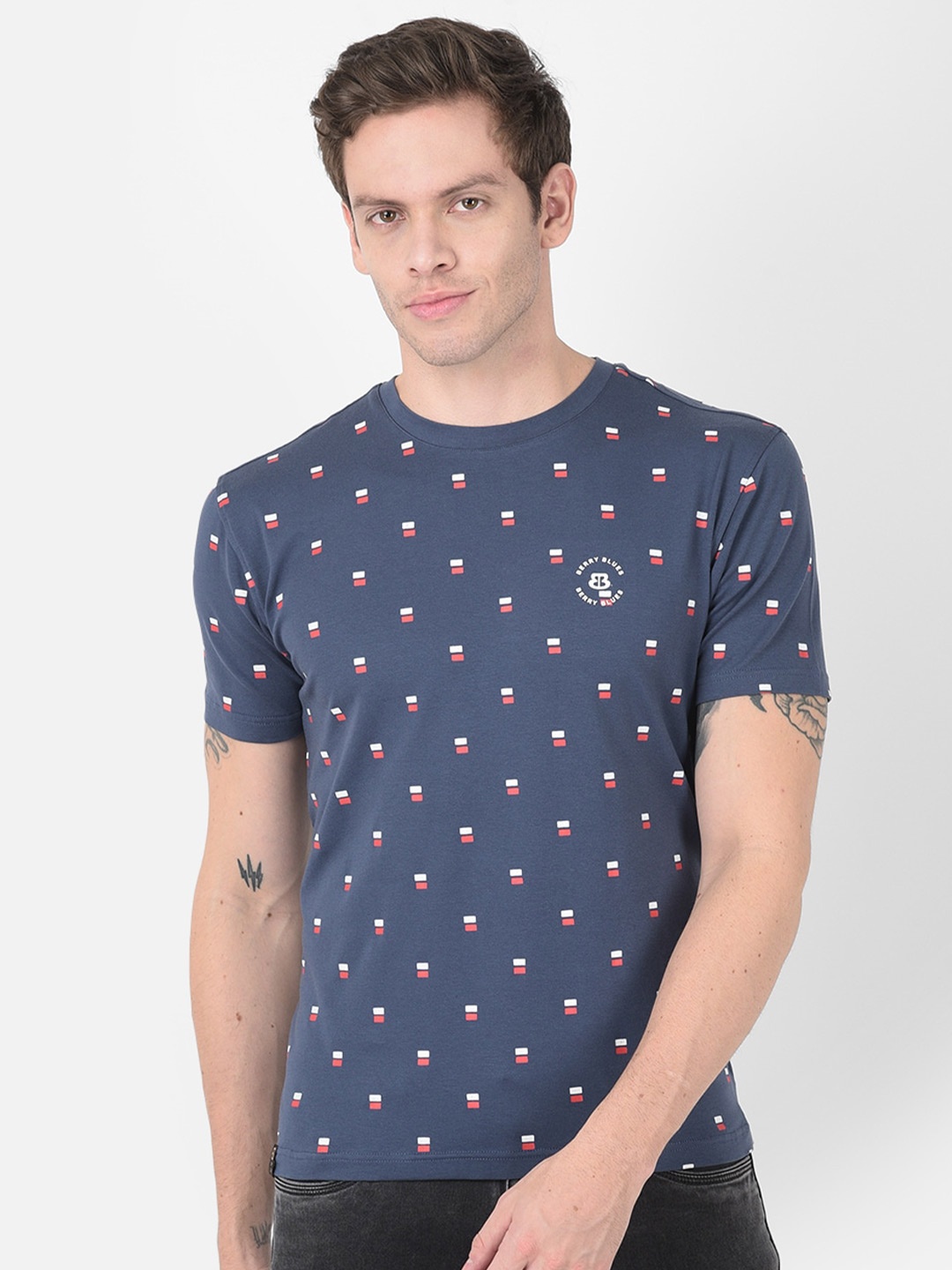 

berry blues Men Blue Printed Cotton T-shirt