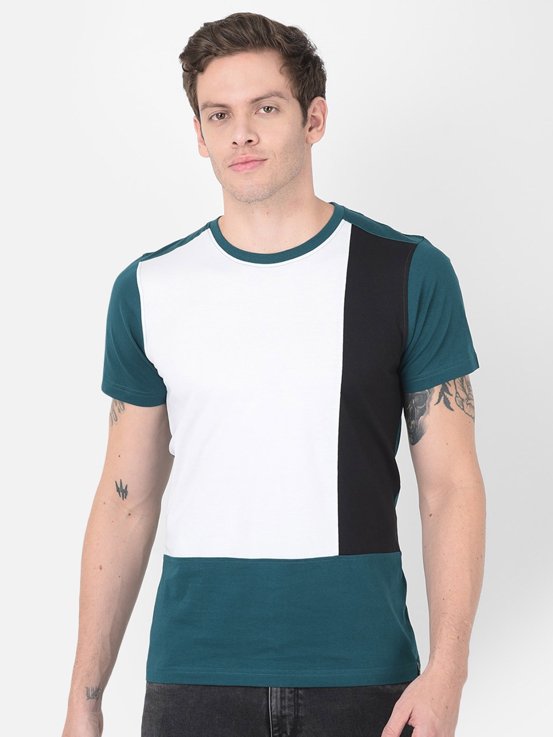 

berry blues Men Teal Green & White Colourblocked Cotton T-shirt