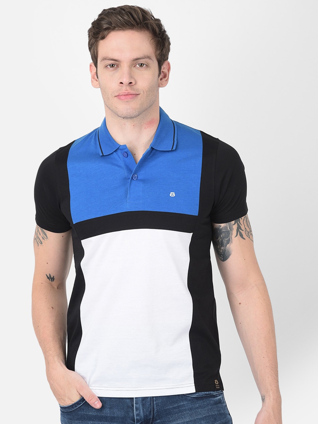

berry blues Men Colourblocked Polo Collar Cotton T-shirt, Blue