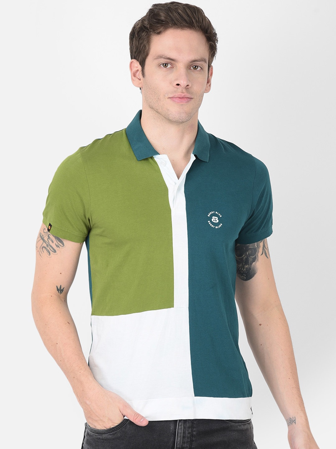 

berry blues Men Colourblocked Cotton Polo Collar T-shirt, Green