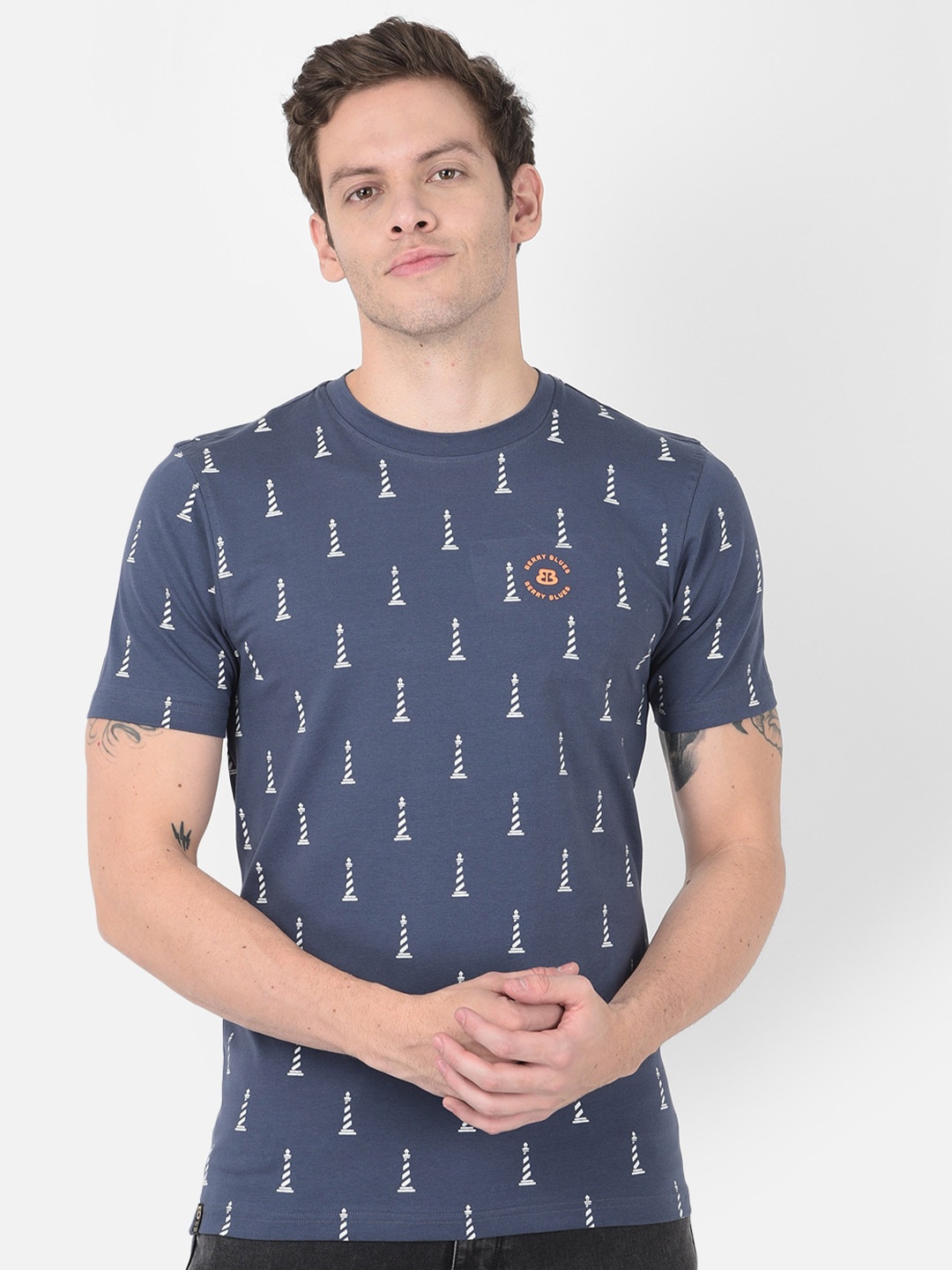 

berry blues Men Printed Cotton T-shirt, Blue