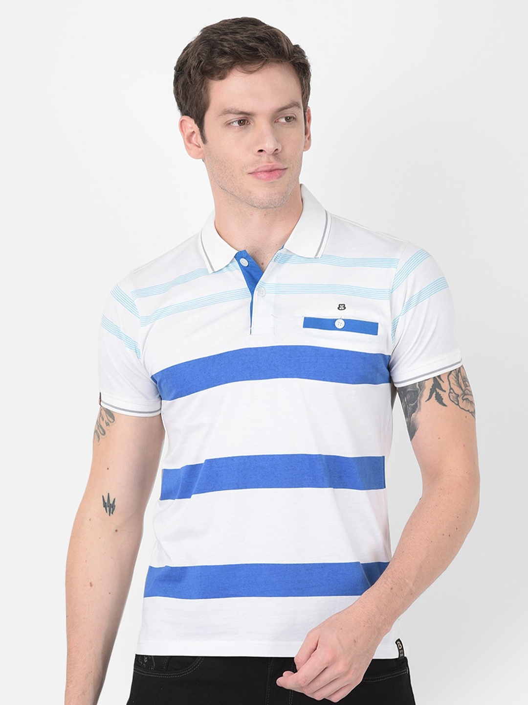 

berry blues Men Striped Polo Collar Applique Cotton T-shirt, White
