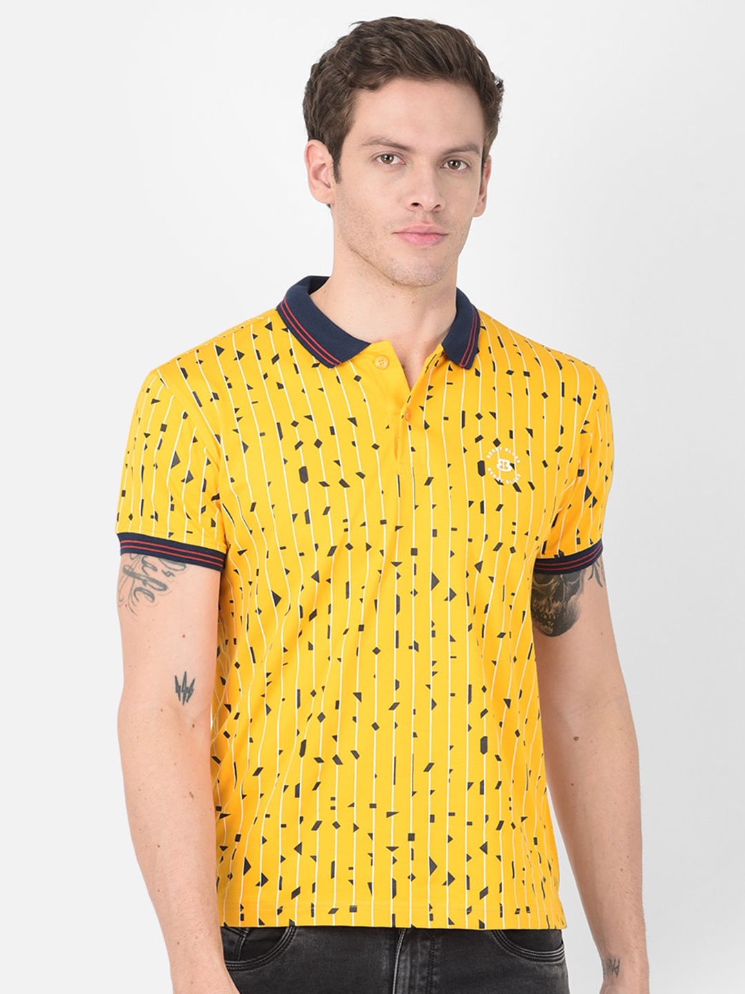 

berry blues Men Printed Polo Collar Cotton T-shirt, Yellow