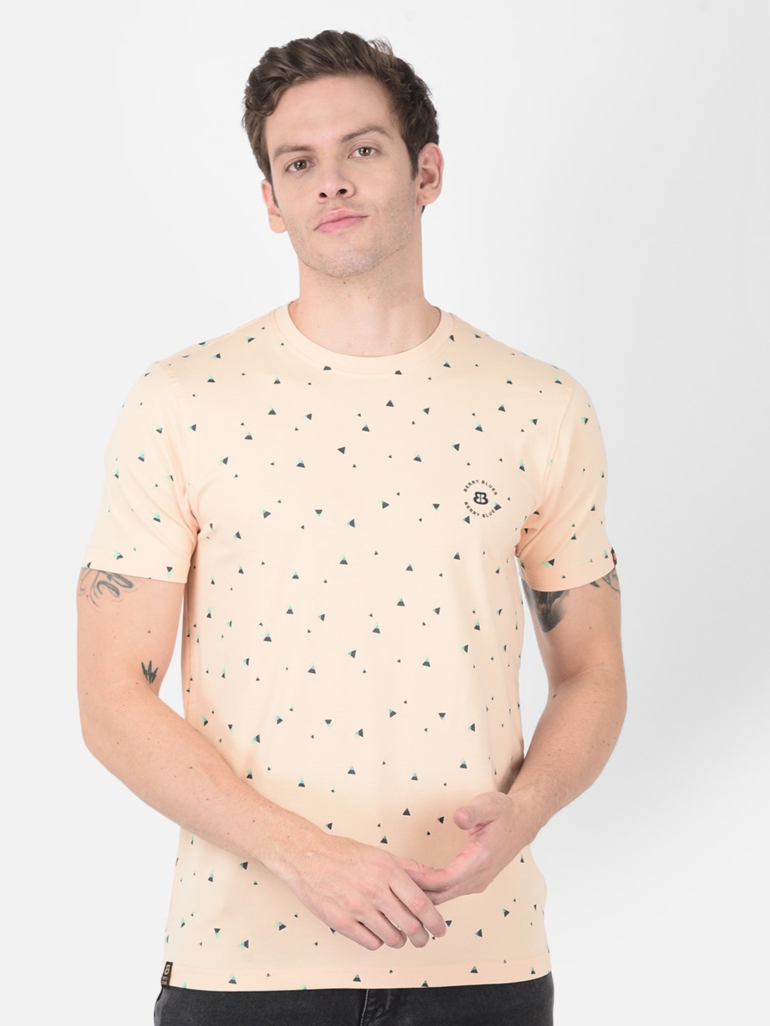 

berry blues Men Printed Cotton T-shirt, Beige