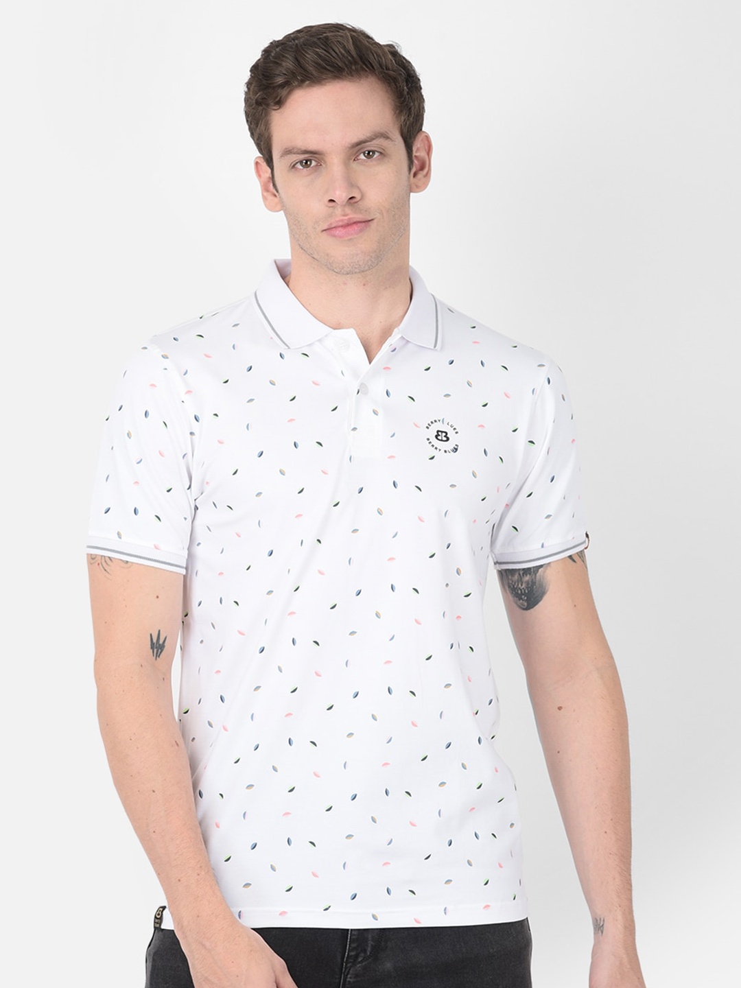 

berry blues Men White Printed Polo Collar Cotton T-shirt