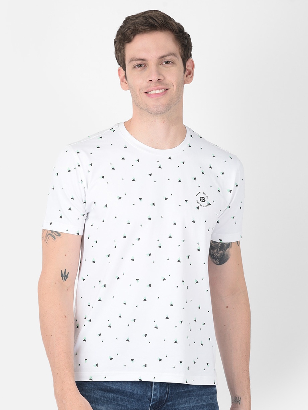 

berry blues Men White Printed Cotton T-shirt