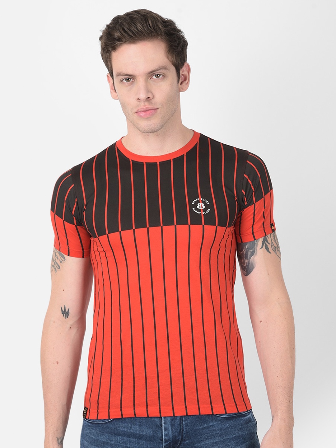 

berry blues Men Red Striped Cotton T-shirt
