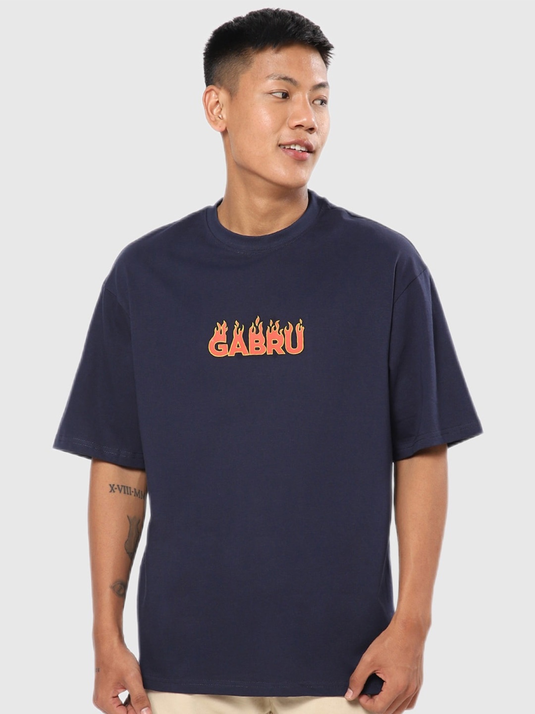 

Bewakoof Men Navy Blue Typography Printed Applique Loose Outdoor T-shirt