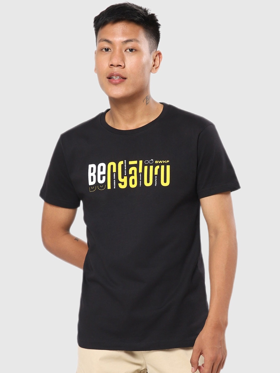 

Bewakoof Men Black Typography Printed Applique Outdoor T-shirt