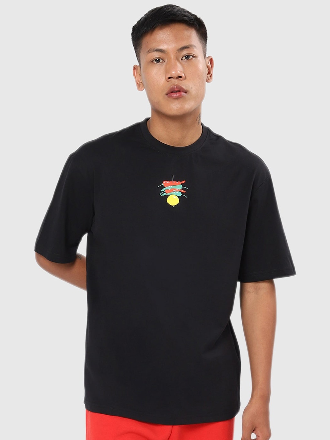 

Bewakoof Men Black Drop-Shoulder Sleeves Applique Loose Outdoor T-shirt