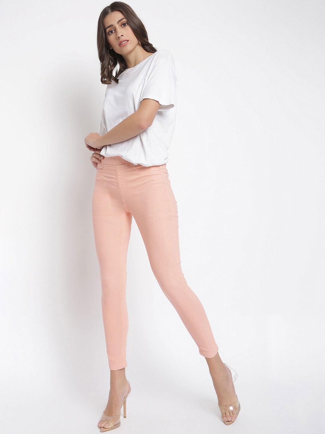 

TALES & STORIES Women Peach-Coloured Solid Skinny-Fit Jeggings