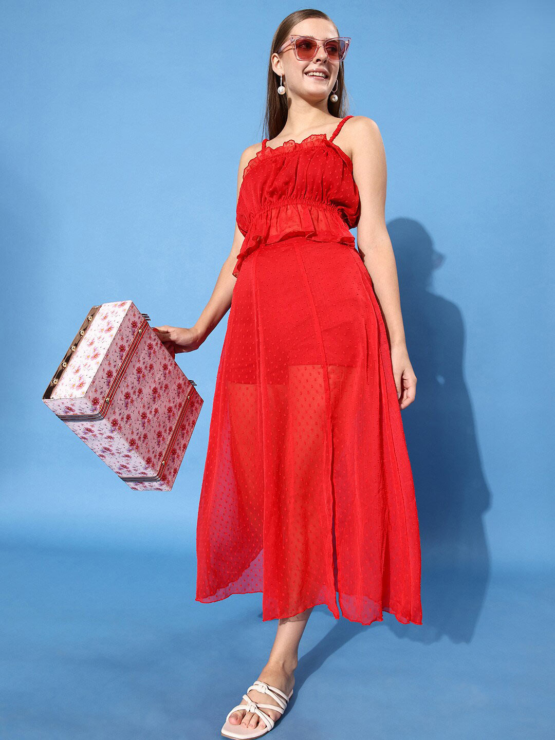 

ANVI Be Yourself Dobby Chiffon Blouson Style Crop Top, Red