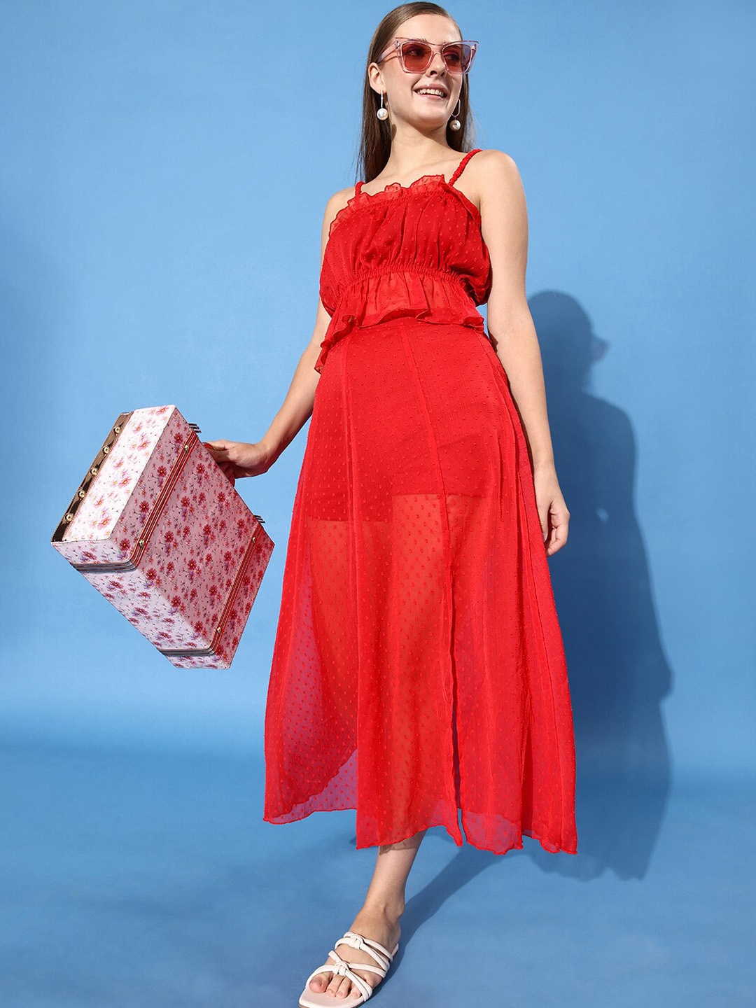 

ANVI Be Yourself Red Self Design A-Line Skirts