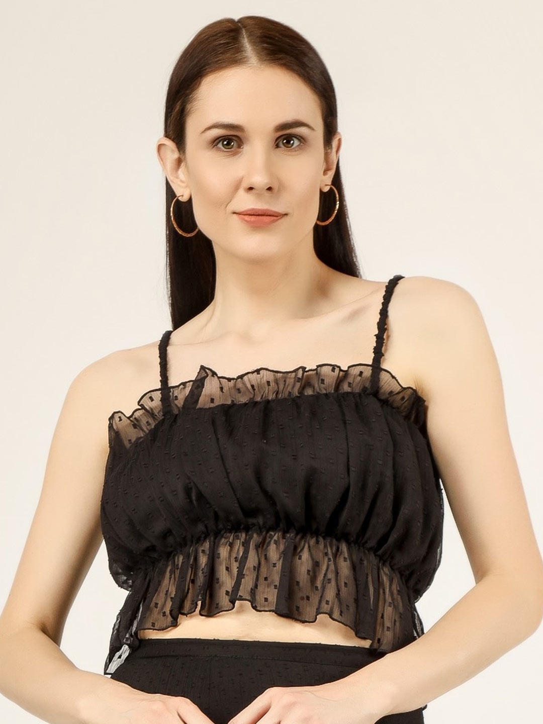 

ANVI Be Yourself Dobby Chiffon Blouson Style Crop Top, Black