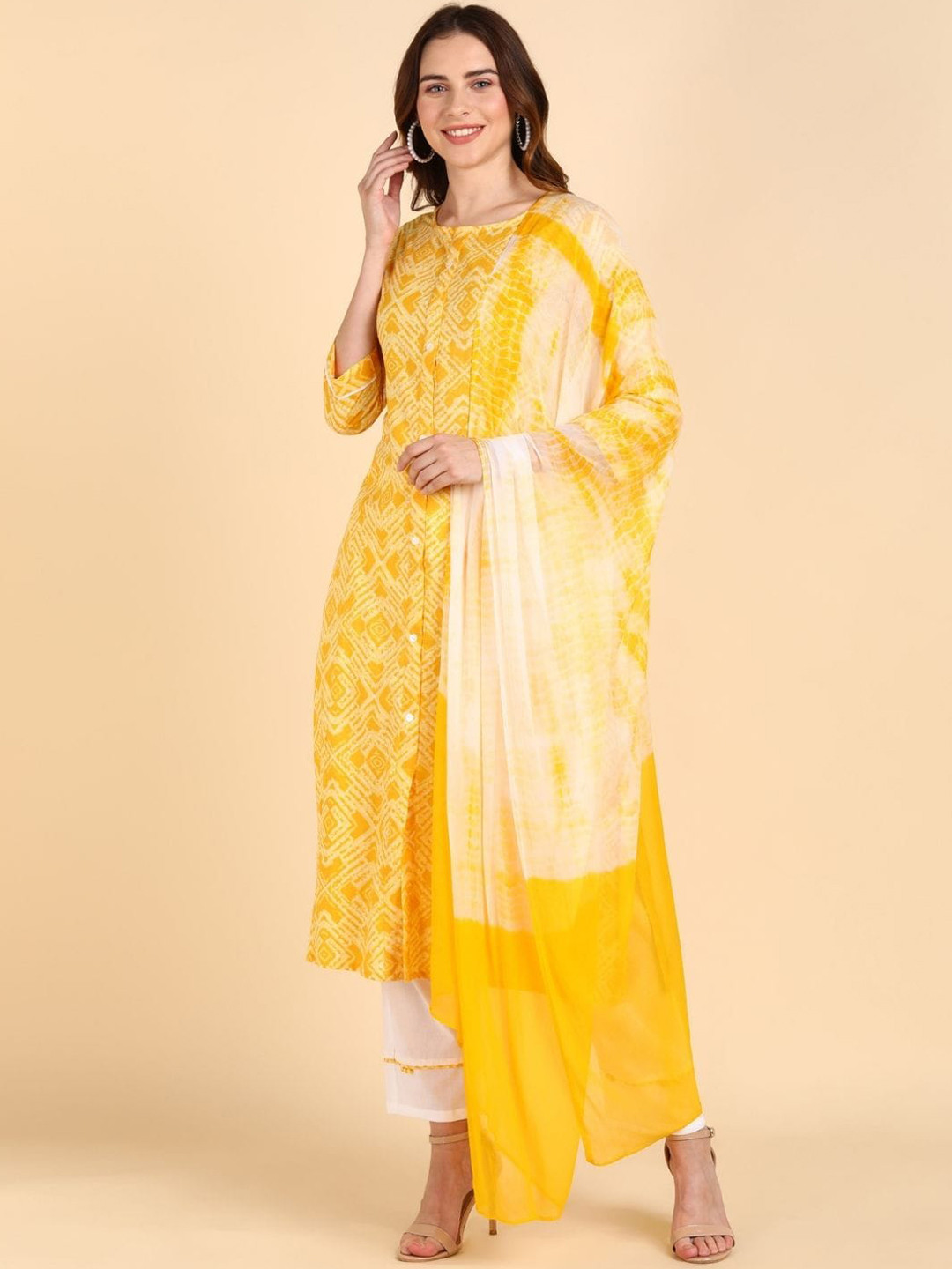 

VEDANA Women Yellow Floral Embroidered Layered Pure Cotton Kurti with Skirt & With Dupatta