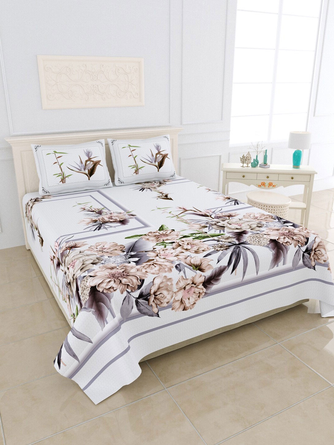 

JAIPUR FABRIC Grey Melange & Brown Floral 300 TC King Bedsheet with 2 Pillow Covers