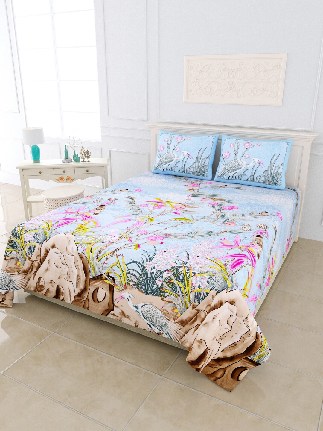 

JAIPUR FABRIC Blue & Pink Floral 300 TC King Bedsheet with 2 Pillow Covers