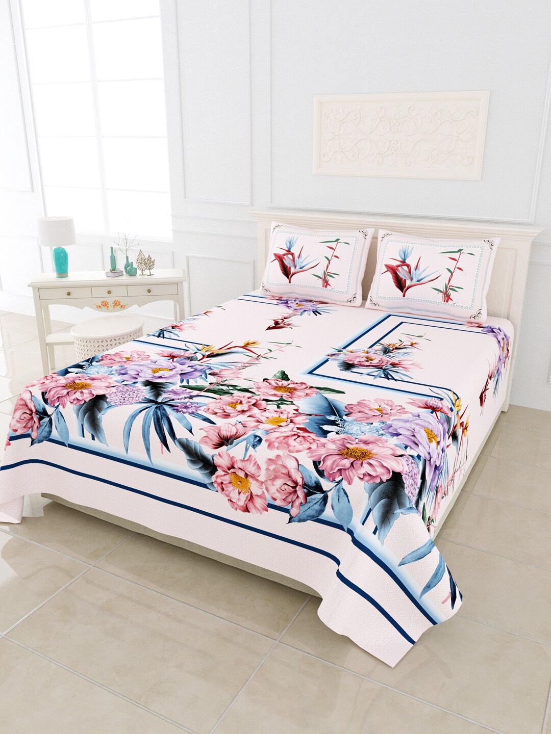 

JAIPUR FABRIC Pink & White Floral 300 TC King Bedsheet with 2 Pillow Covers