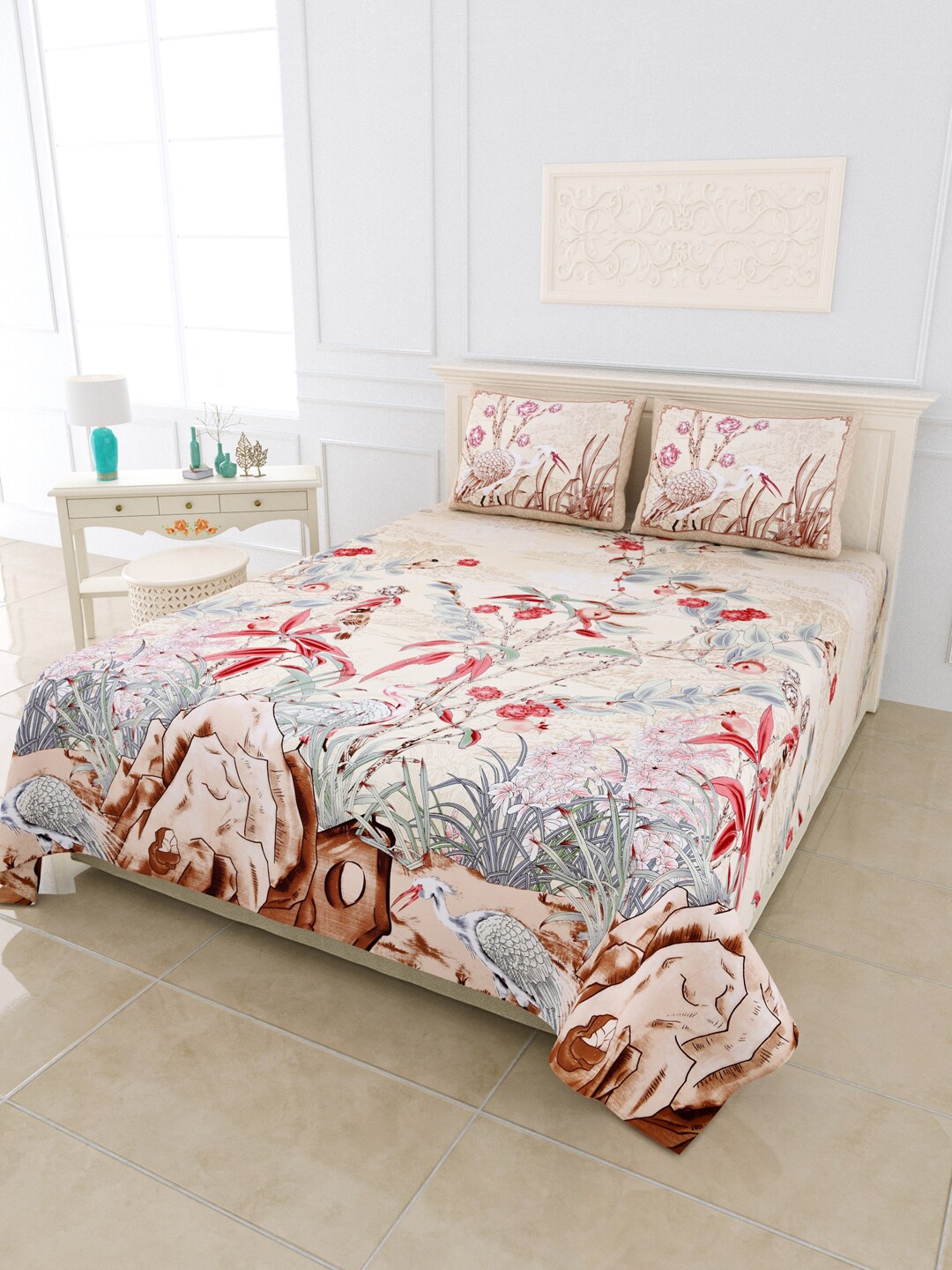 

JAIPUR FABRIC Cream & Red Floral 300 TC King Bedsheet with 2 Pillow Covers