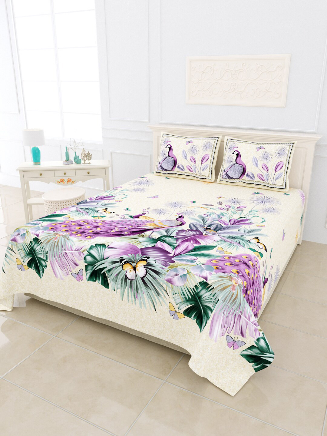 

JAIPUR FABRIC Yellow & Purple Floral 300 TC King Bedsheet with 2 Pillow Covers