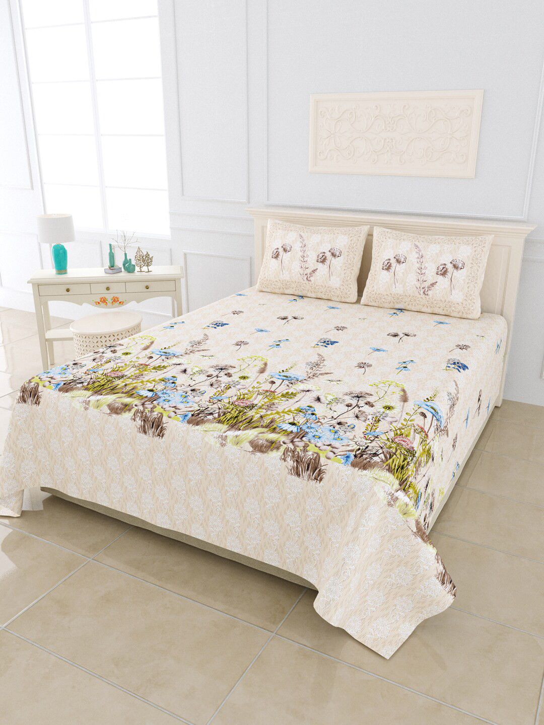 

JAIPUR FABRIC Cream-Coloured & Green Floral 300 TC King Bedsheet with 2 Pillow Covers