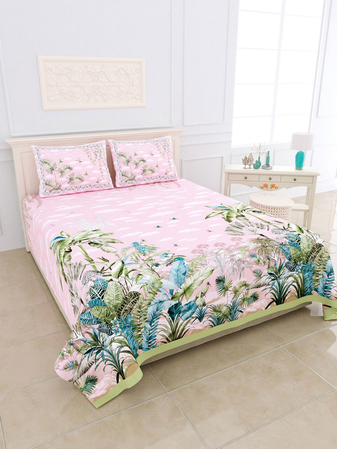 

JAIPUR FABRIC Pink & Green Floral 300 TC King Bedsheet with 2 Pillow Covers