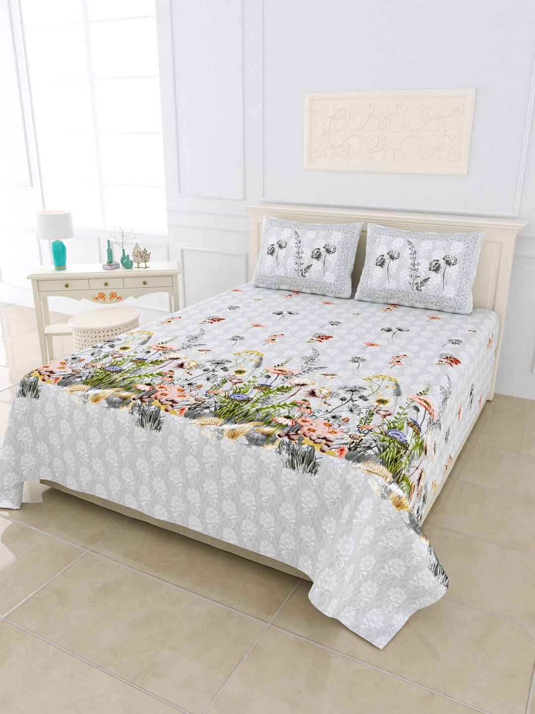 

JAIPUR FABRIC Grey & Green Floral 300 TC King Bedsheet with 2 Pillow Covers