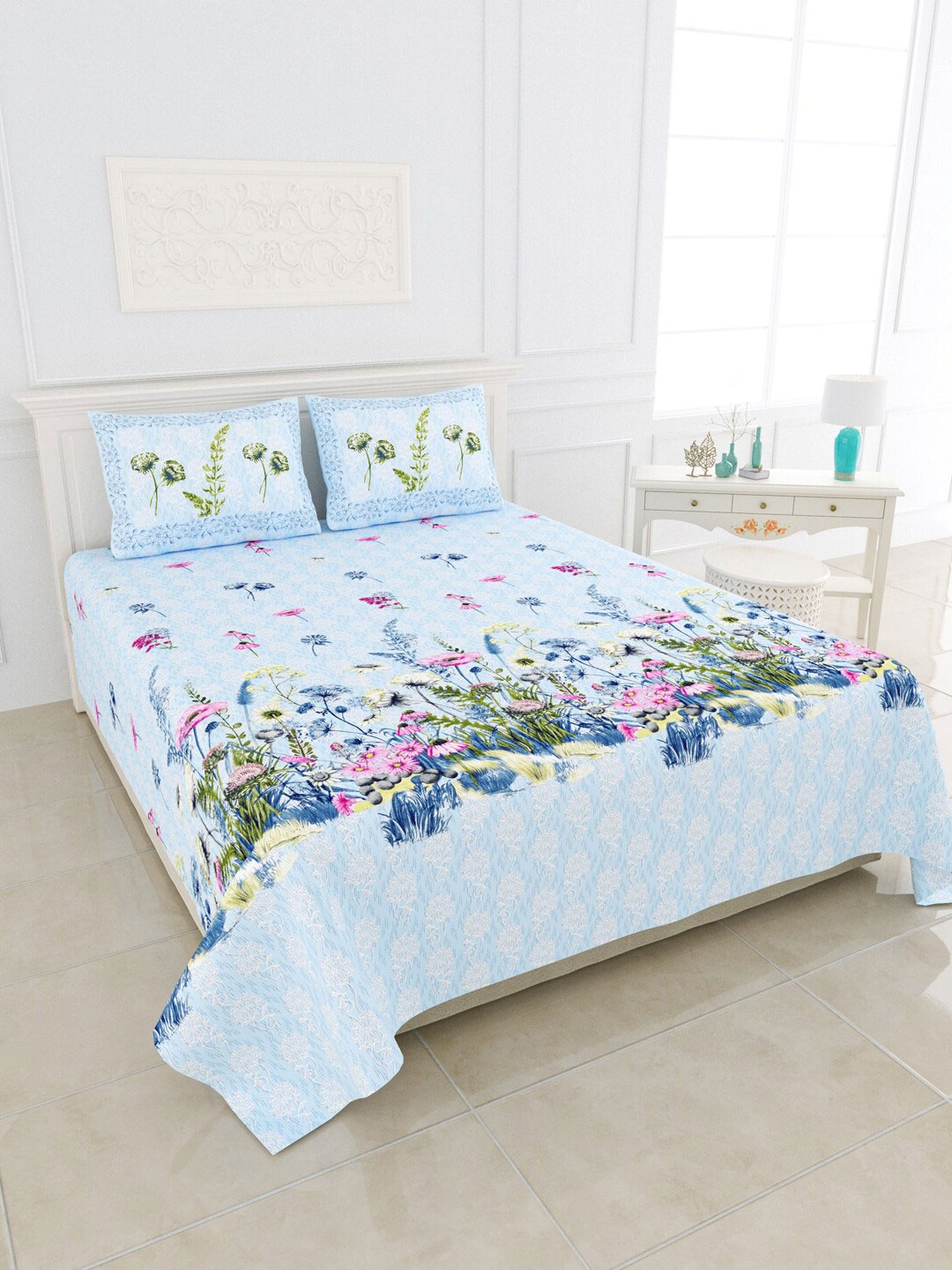 

JAIPUR FABRIC Blue & Green Floral 300 TC Cotton King Bedsheet with 2 Pillow Covers