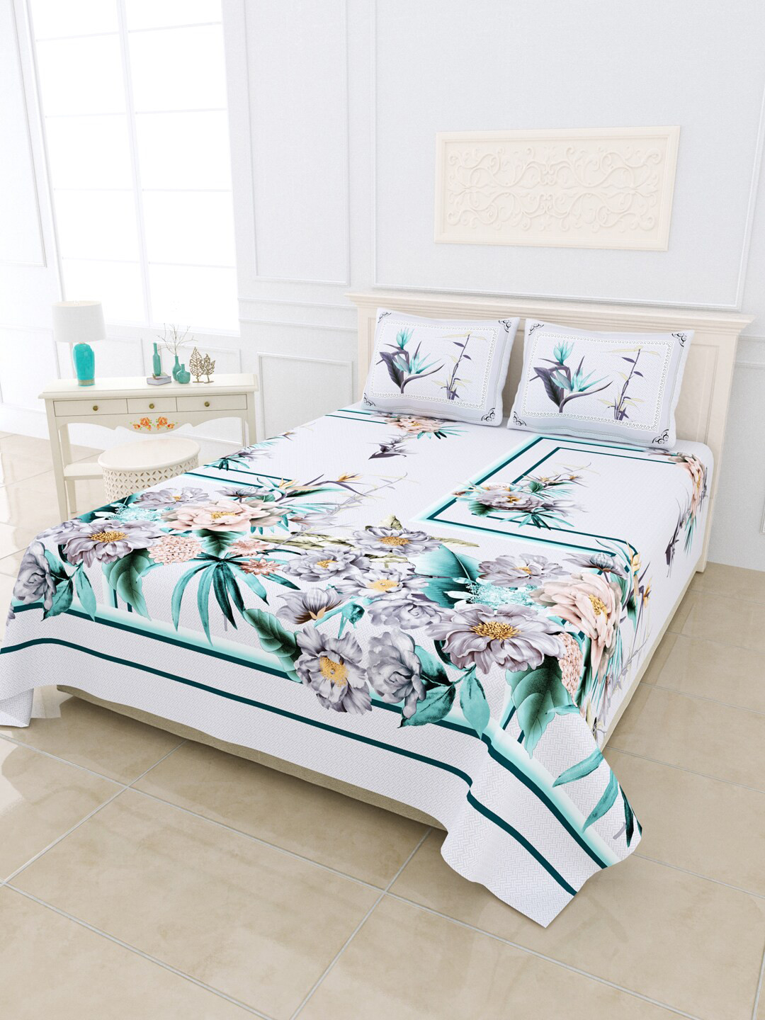 

JAIPUR FABRIC Sea Green & White Floral 300 TC King Bedsheet with 2 Pillow Covers