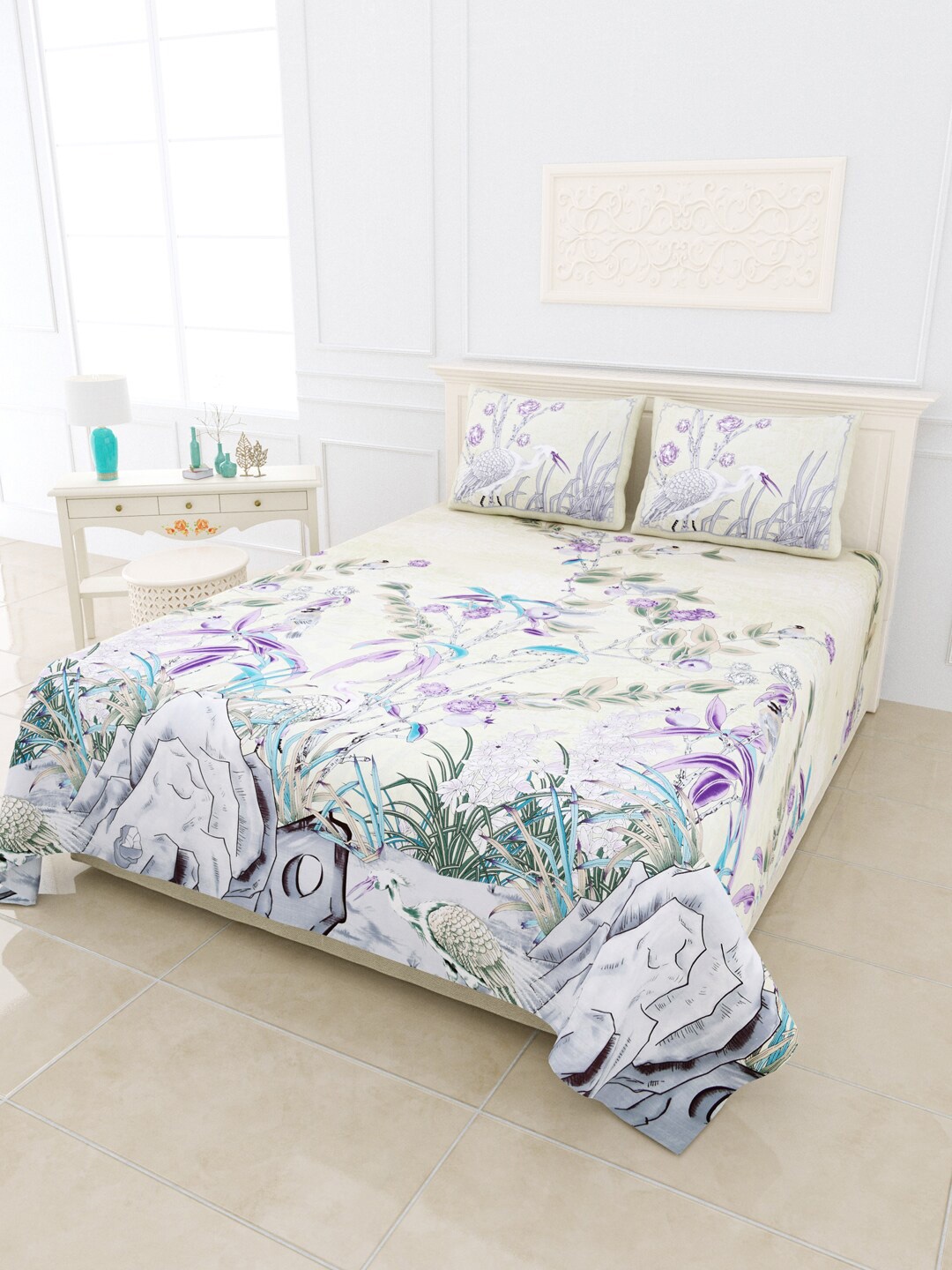 

JAIPUR FABRIC Multicolour 300 TC King Floral Cotton Bedsheet with 2 Pillow Covers, Multi