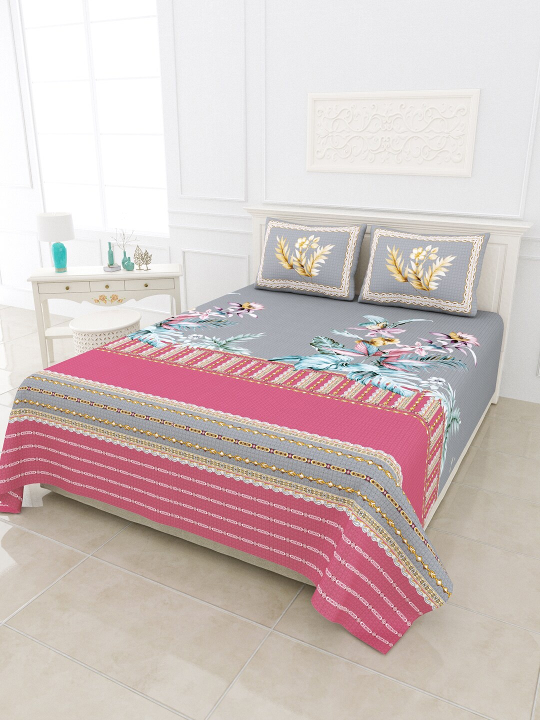 

JAIPUR FABRIC Multicolour 300 TC King Printed Cotton Bedsheet with 2 Pillow Covers, Multi