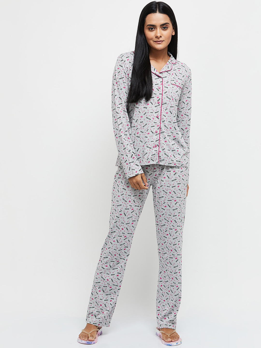 

max Women Grey Melange & Pink Printed Night suit