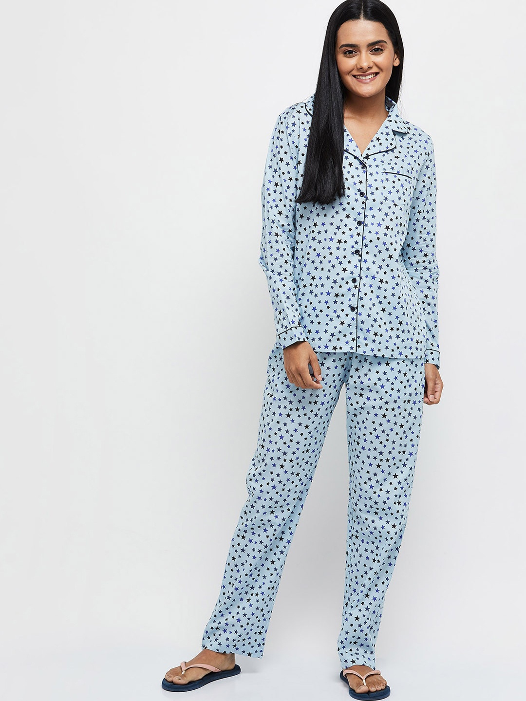 

max Women Blue & Black Printed Pure Cotton Night Suit