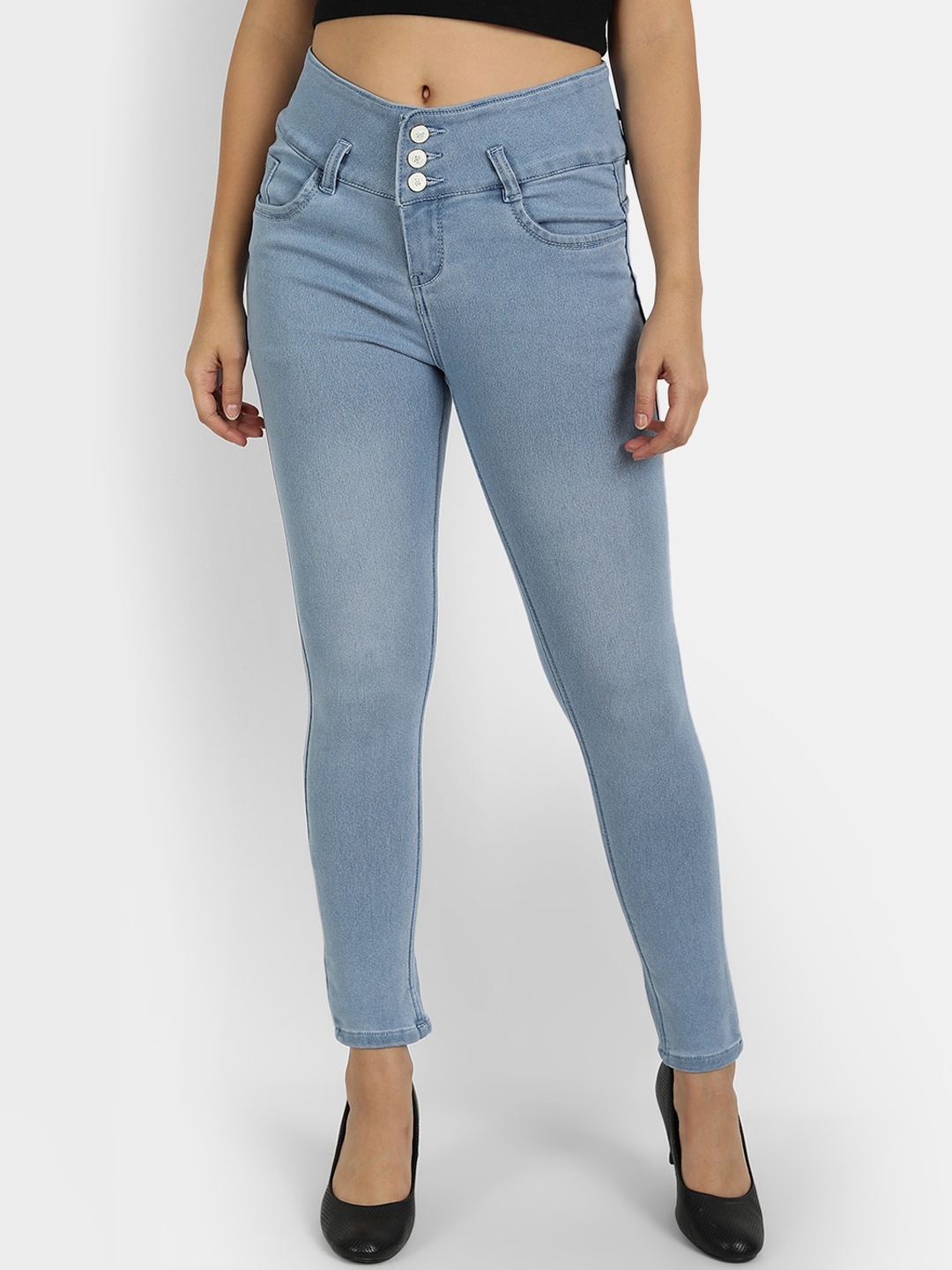 

Next One Women Blue Comfort Skinny Fit High-Rise Low Distress Light Fade Jeans
