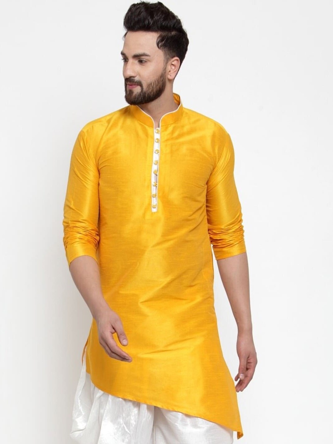 

Kaifoo Men Yellow Yoke Design Thread Work Kurta