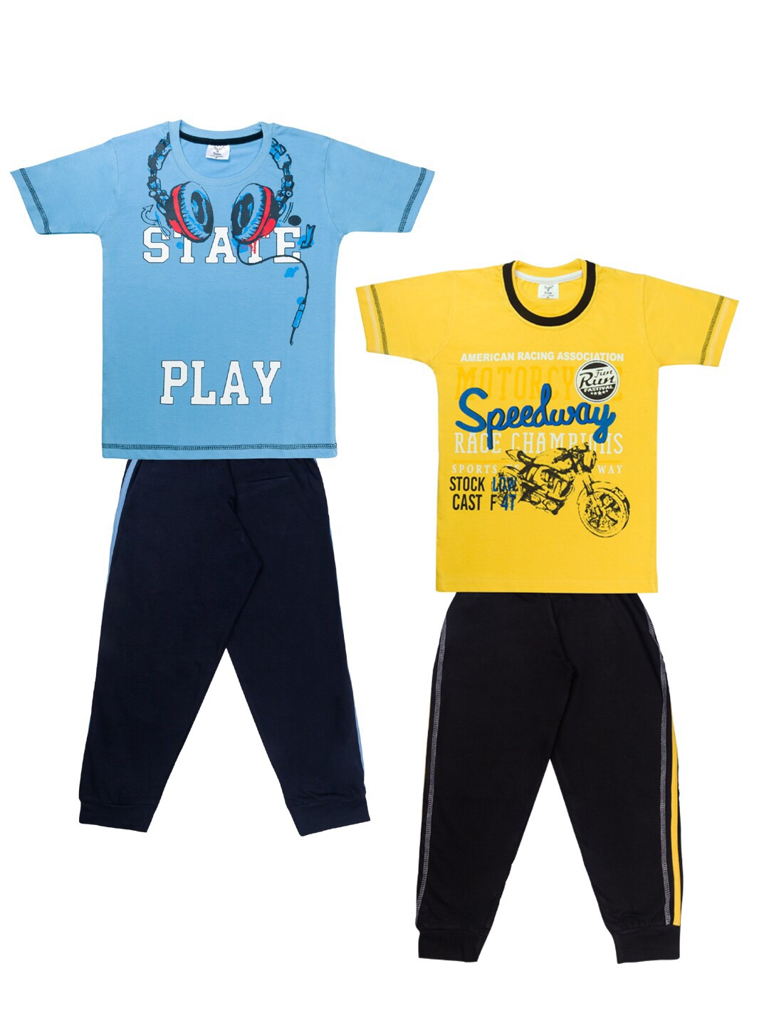 

Todd N Teen Boys Blue & Yellow Combo of 2 Cotton Printed T-shirt with Trousers